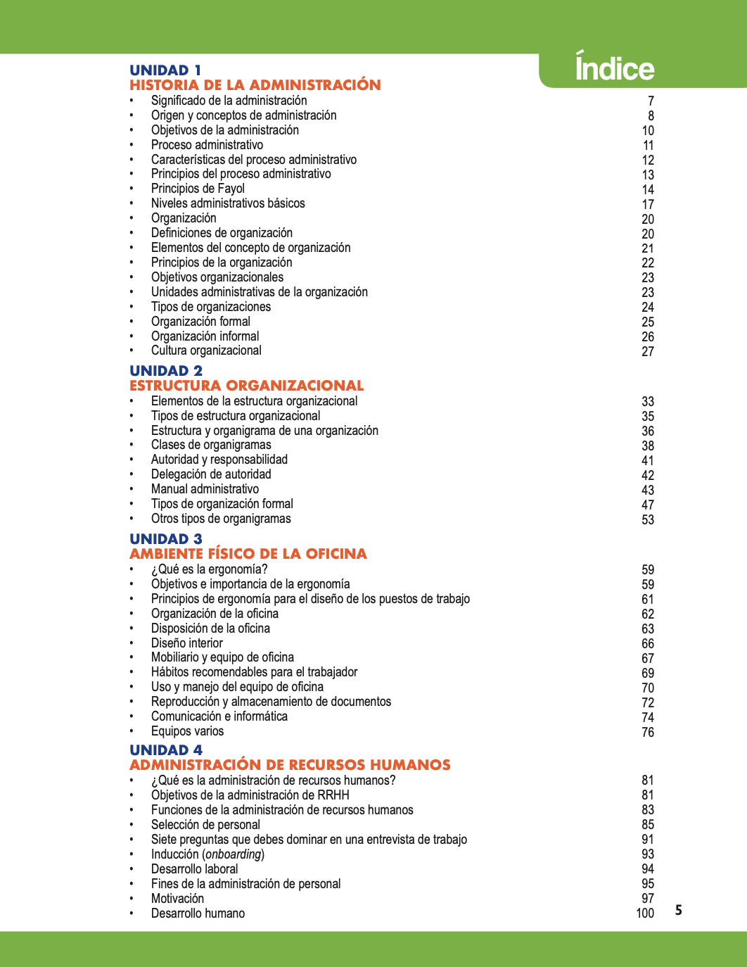 Índice Administración, Organización y Prácticas de Oficina